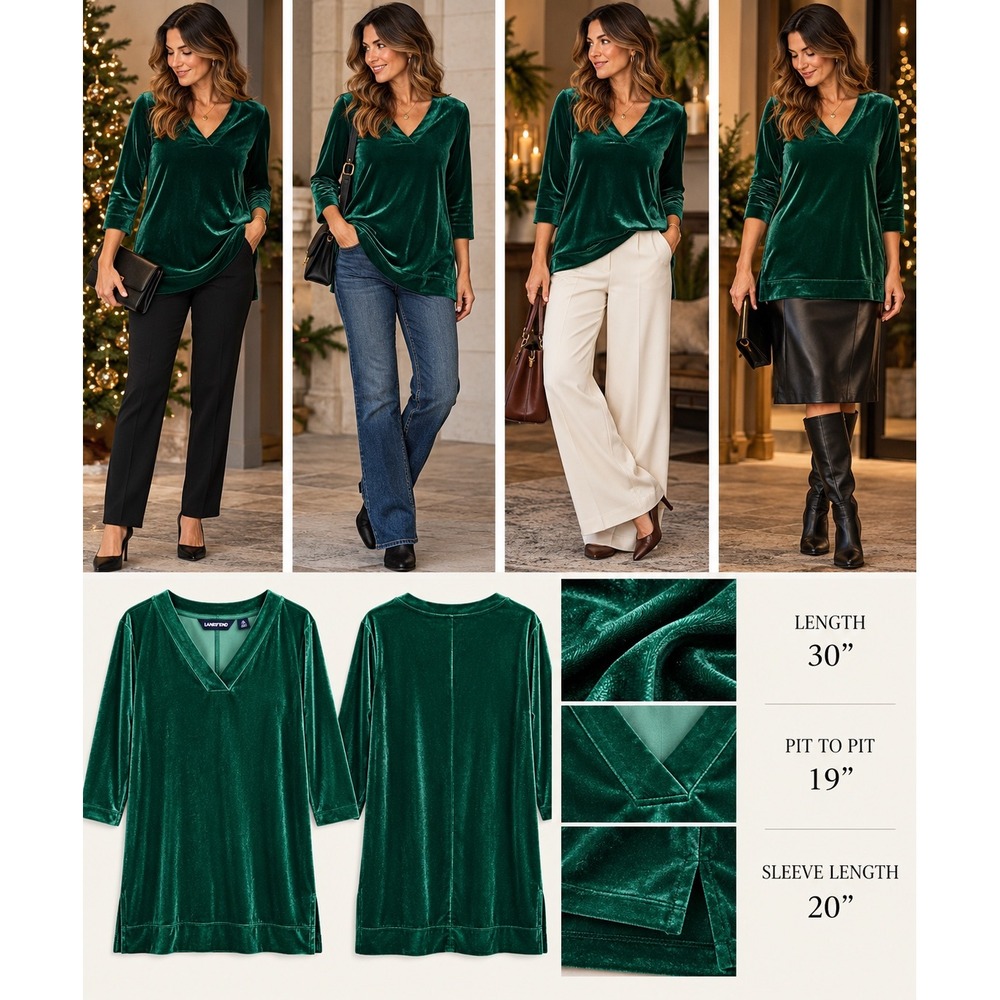 Lands' End Velvet Tunic Top M Emerald Green V Neck Stretch Holiday Party Festive